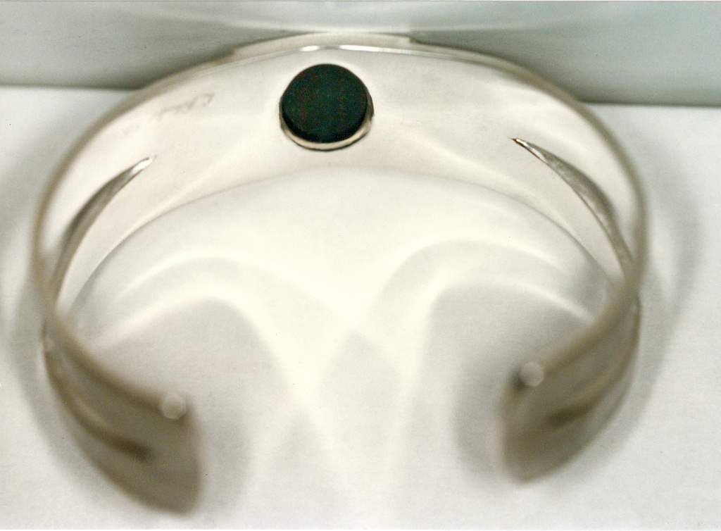 Picture of a big sterling and bloodstone bracelet. Fabricated.