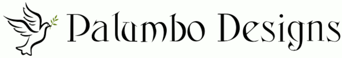 Graphic banner with dove logo to the left, and text to the right that reads Palumbo Designs.