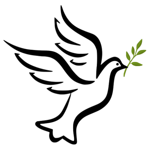 Simple bold drawing of a dove flying to the right, carrying an olive branch.
