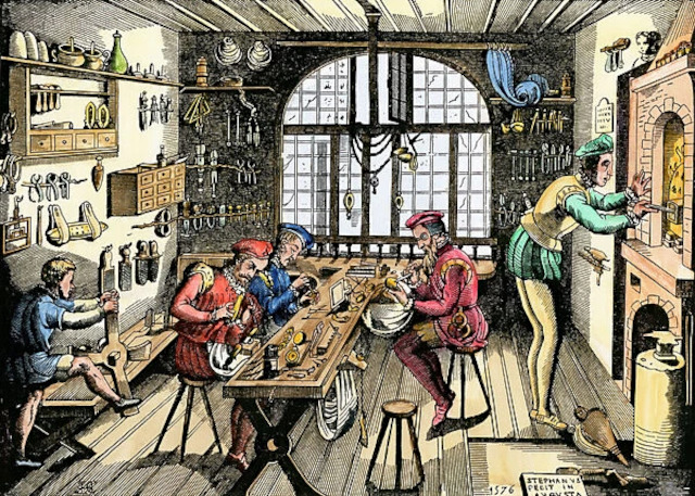 A hand-colored reproduction of a 16th-century illustration of five medieval goldsmiths at work in their shop.